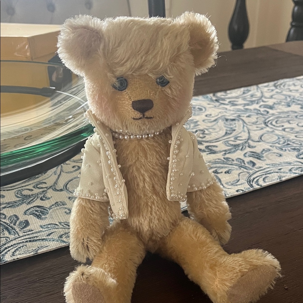 Adorable Tan Teddy Bear with Pearl Jacket Franklin mint heirloom bear